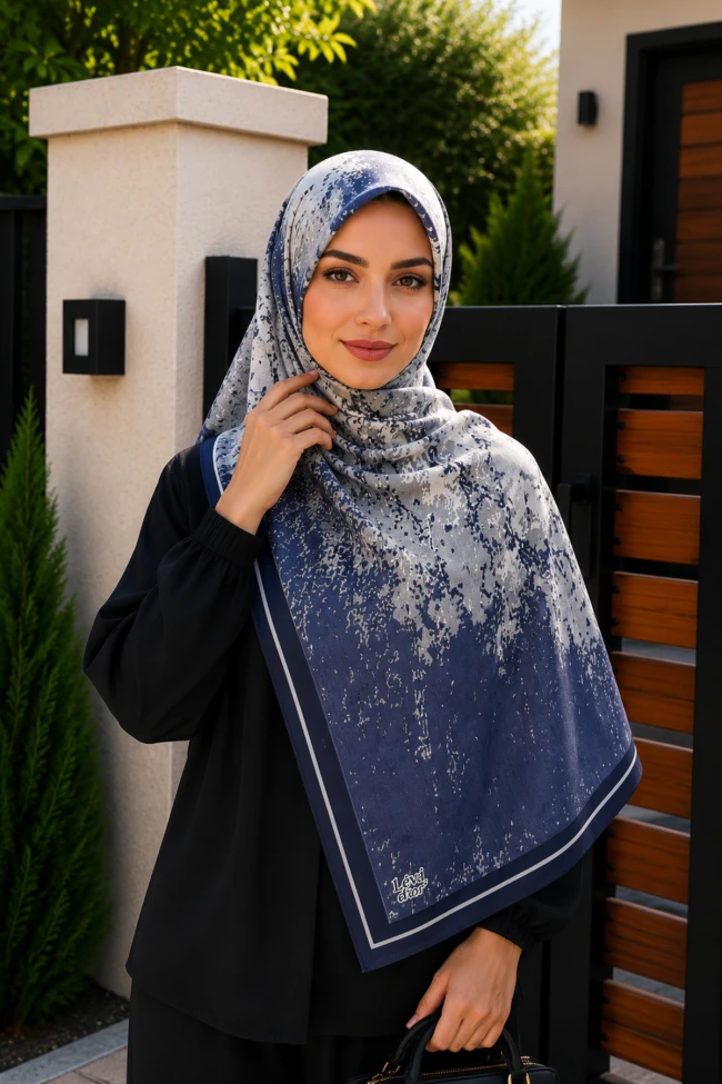 Lacivert Desenli Pamuklu Şal