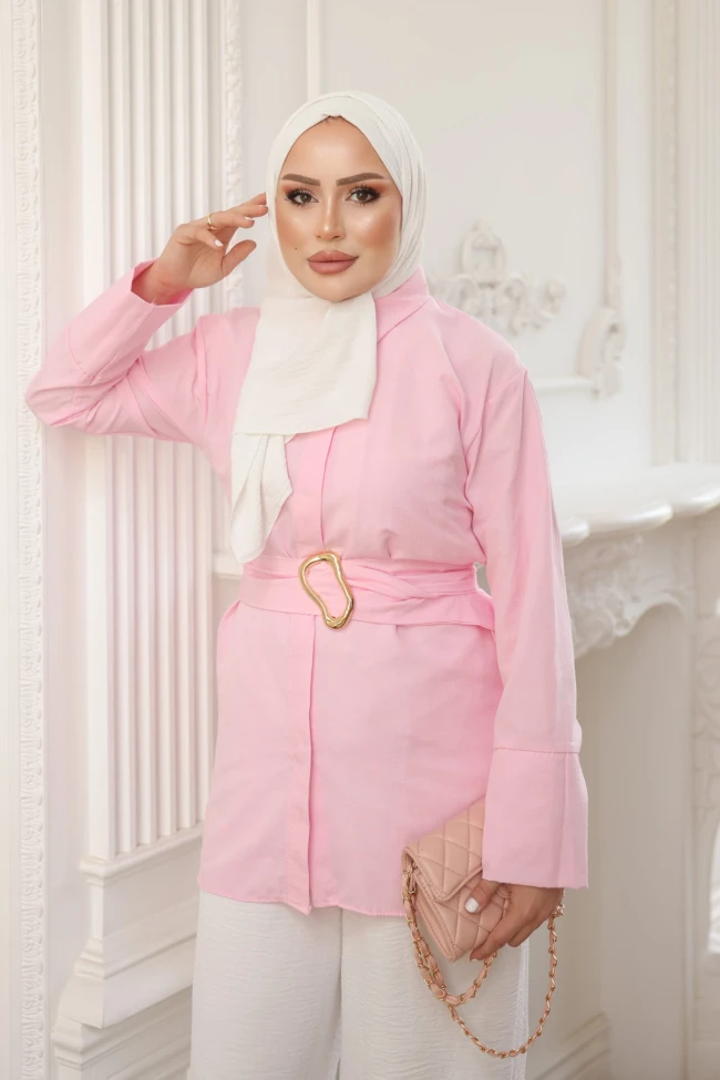 Pembe Beli Kemerli Düğmeli Tunik