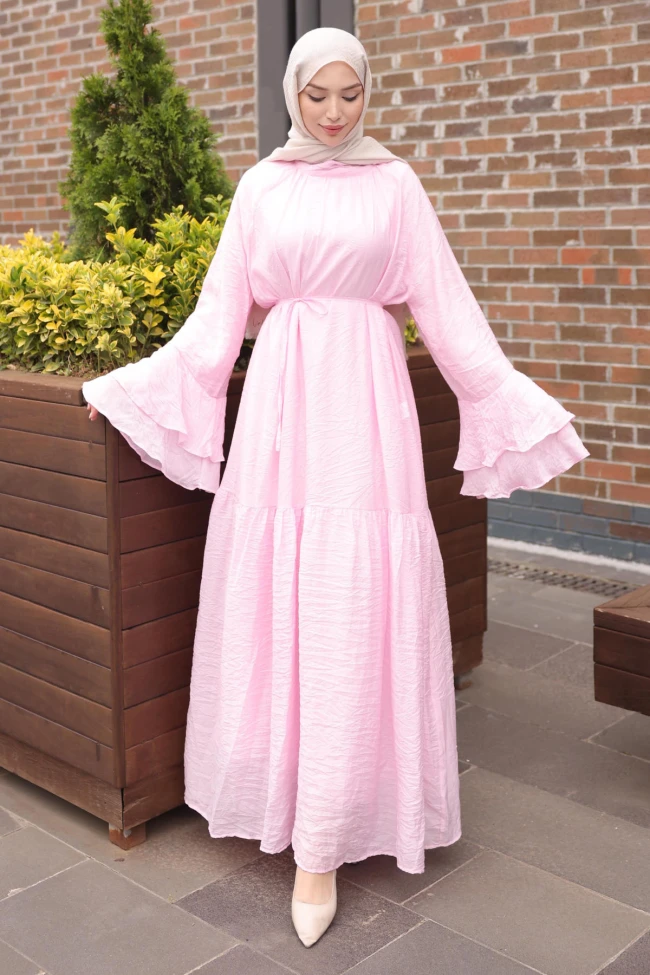 Pembe Kol Katlı Bel Bağlamalı Elbise