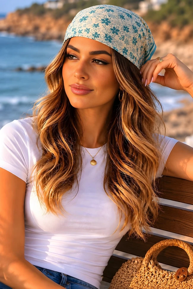Su Yeşili Çiçek Desenli Bandana