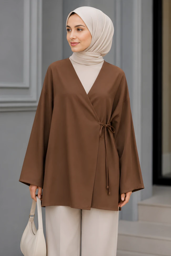 Açık Kahve Kruvaze Yaka Yandan Bağlamalı Yazlık Kimono Tunik