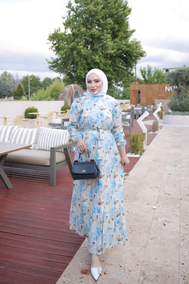 Bebe Mavi Eteği Katlı Desenli Viskon Elbise