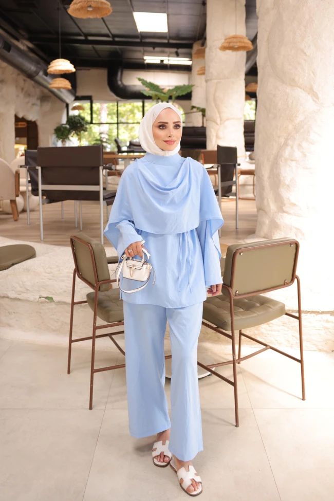 Bebe Mavi Şal Detaylı Tunik Pantolonlu Takım