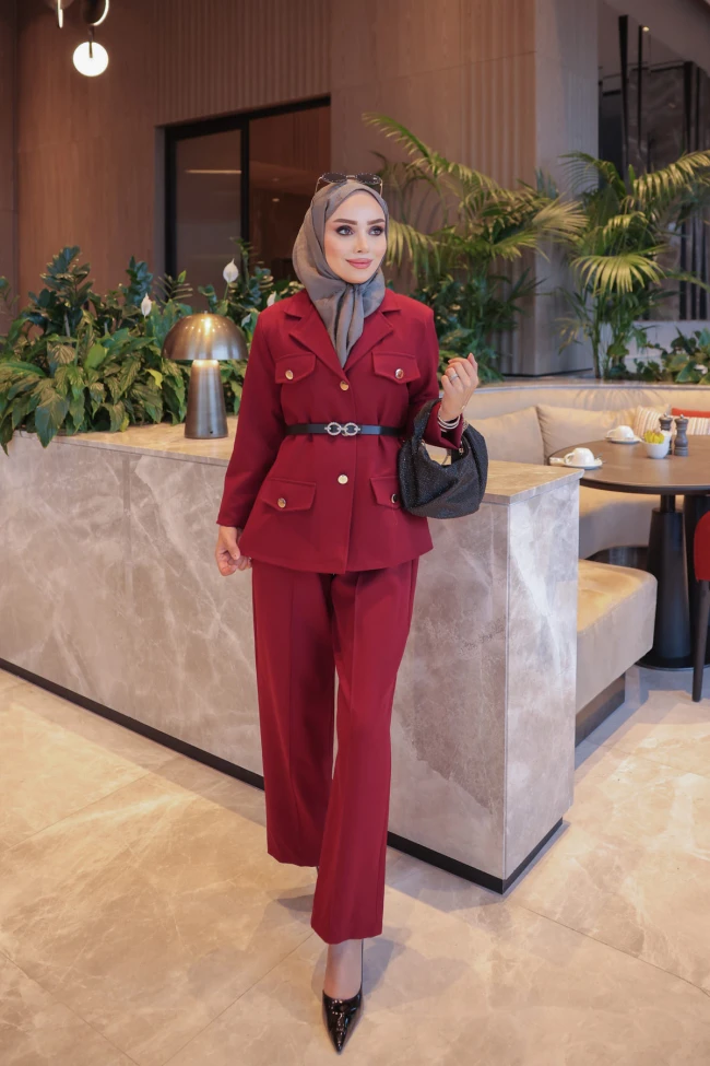 Bordo Astarlı Ceket Pantolonlu Takım
