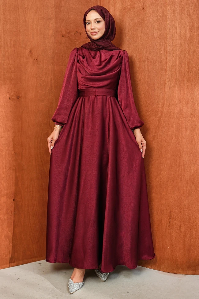 Bordo Bel Kuşaklı Desenli Saten Abiye