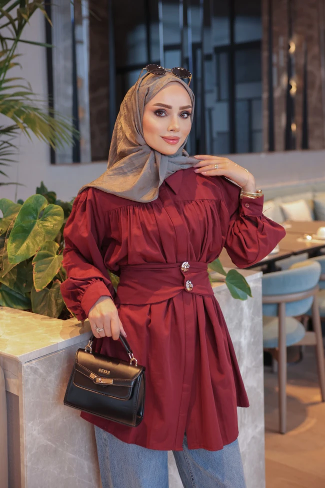 Bordo Gizli Düğmeli Kemer Detaylı Gömlek