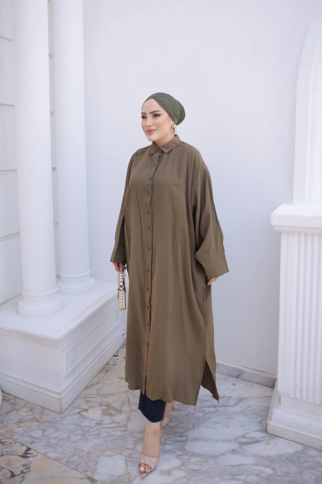Haki Düğmeli Uzun Salaş Tunik