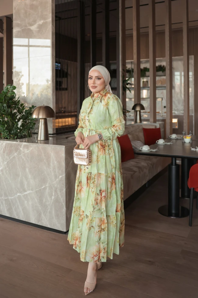 Mint Yeşili Yarım Düğmeli Kol Lastikli Eteği Katlı Elbise