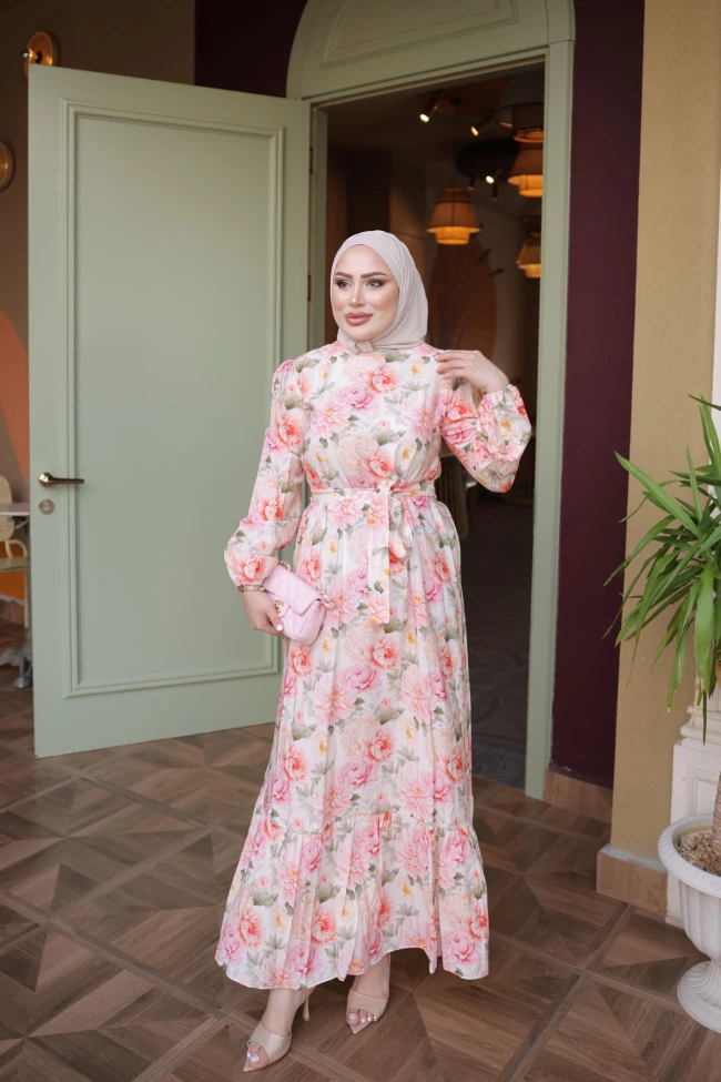 Pembe Eteği Katlı Desenli Viskon Elbise