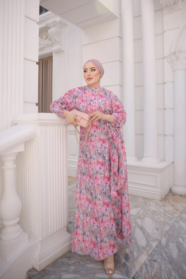 Pembe Kol Lastikli Toka Detaylı Elbise