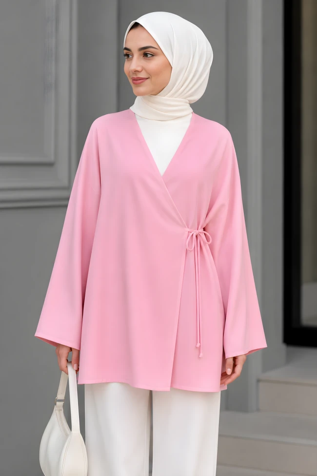 Pudra Kruvaze Yaka Yandan Bağlamalı Yazlık Kimono Tunik