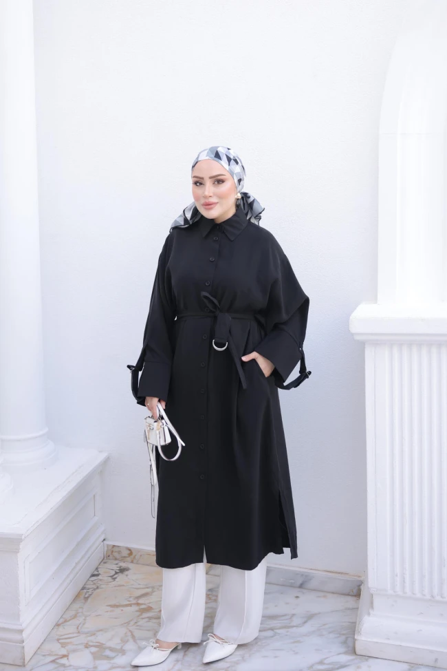 Siyah Bel Kuşaklı Cepli Oversize Tunik