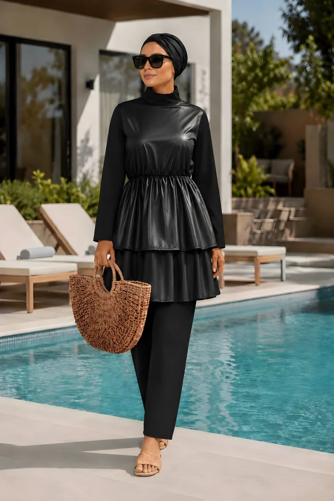 Siyah Su Geçirmez Tesettür 4'lü Mayo Takım