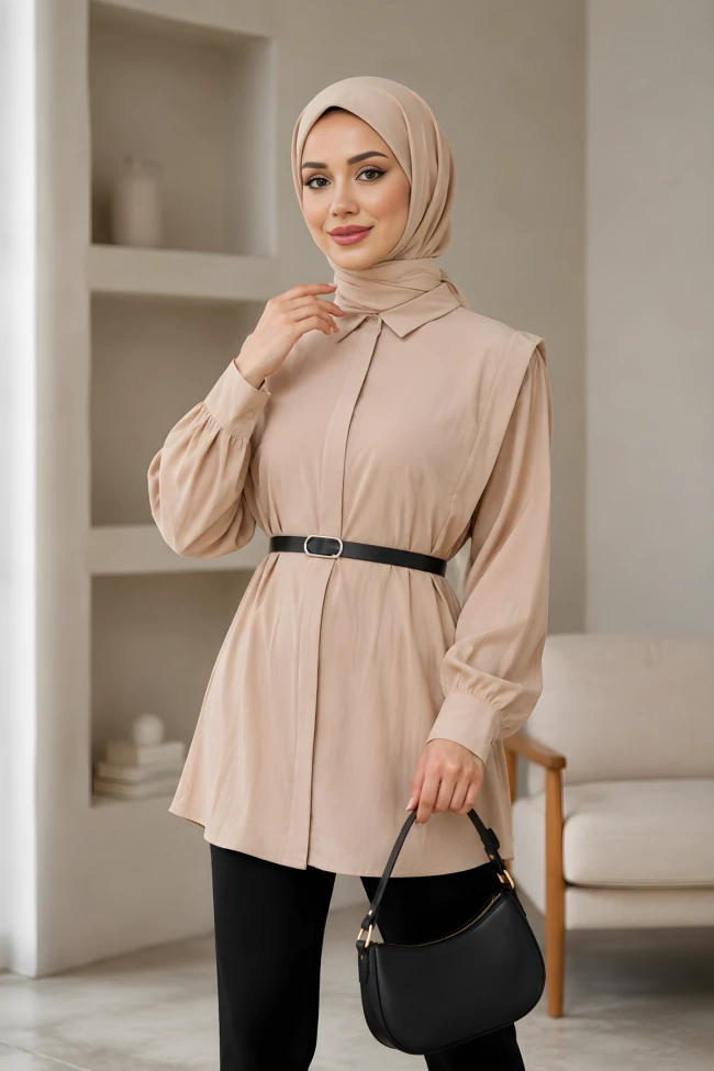 Bej Gizli Patlı Belden Kemerli Modal Dokuma Tunik