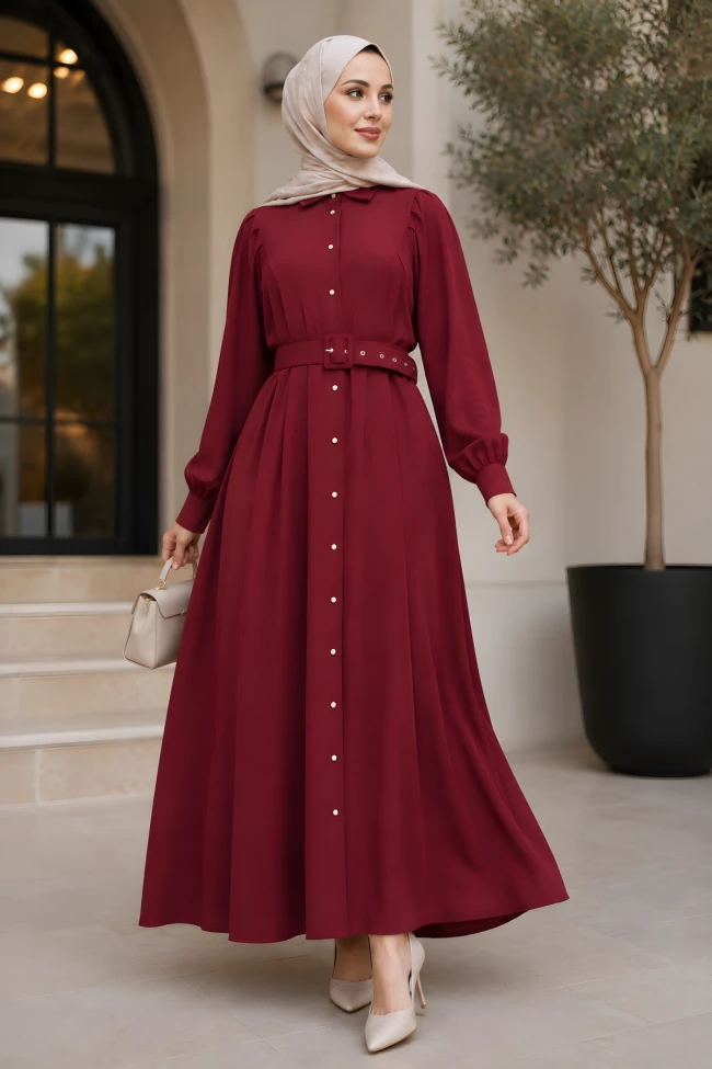 Bordo Bel Kemerli Elbise