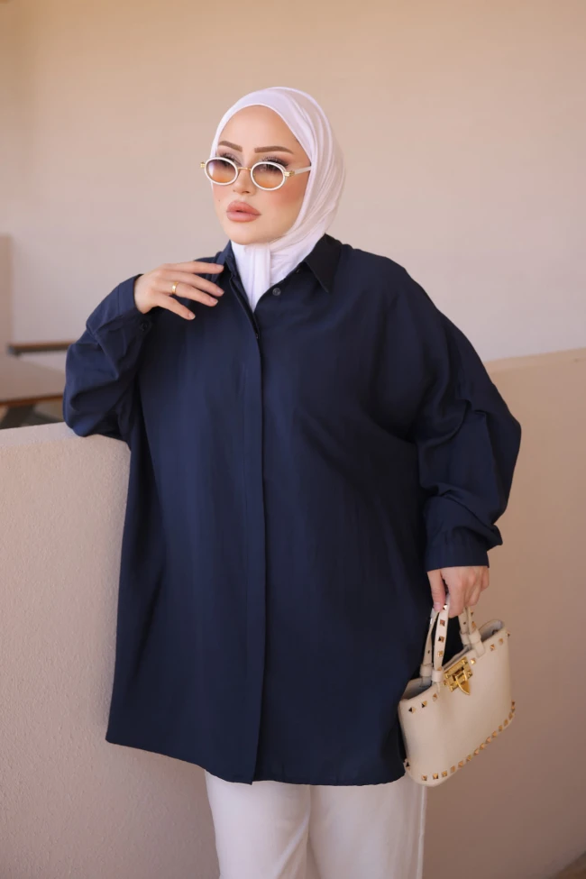 Lacivert Gizli Düğmeli Oversize Gömlek
