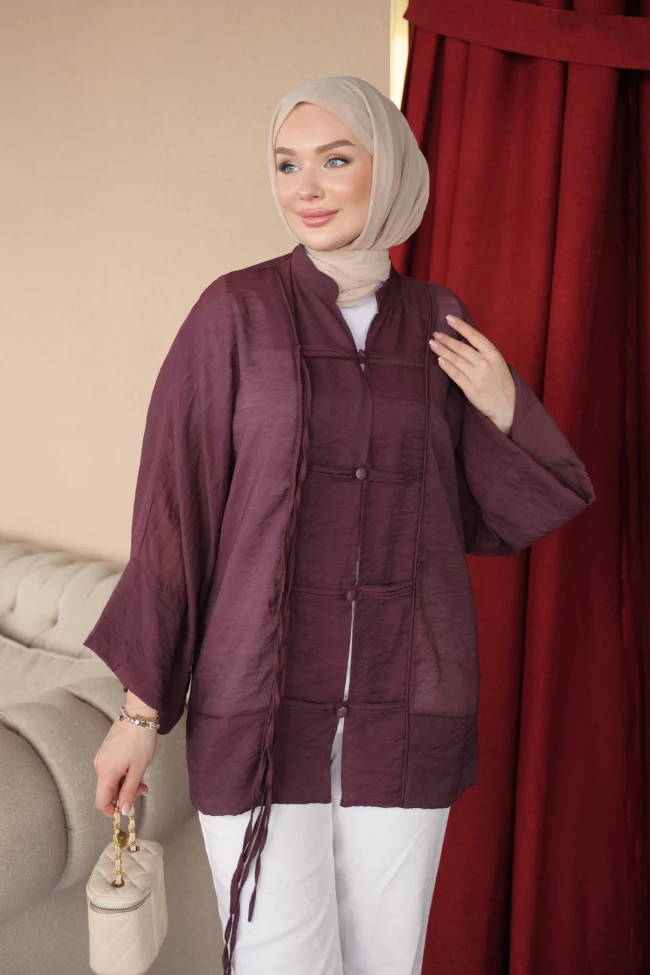 Mürdüm Biye Düğmeli Kimono