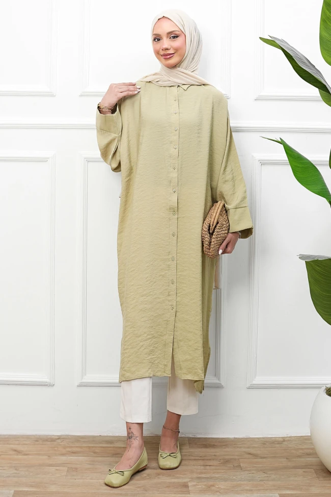 Olive Düğmeli Uzun Salaş Tunik