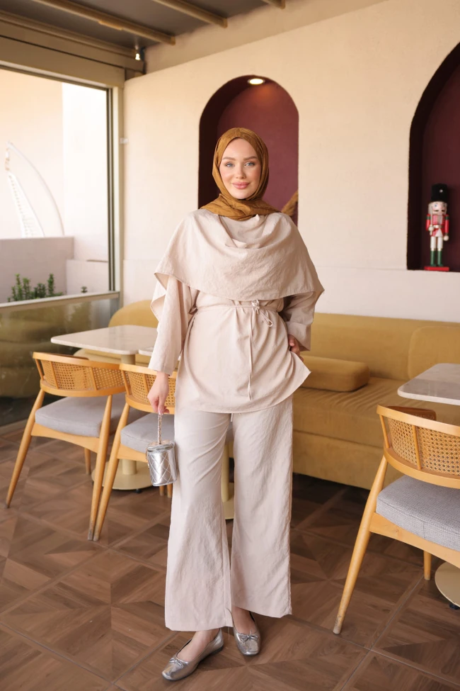 Taş Şal Detaylı Tunik Pantolonlu Takım