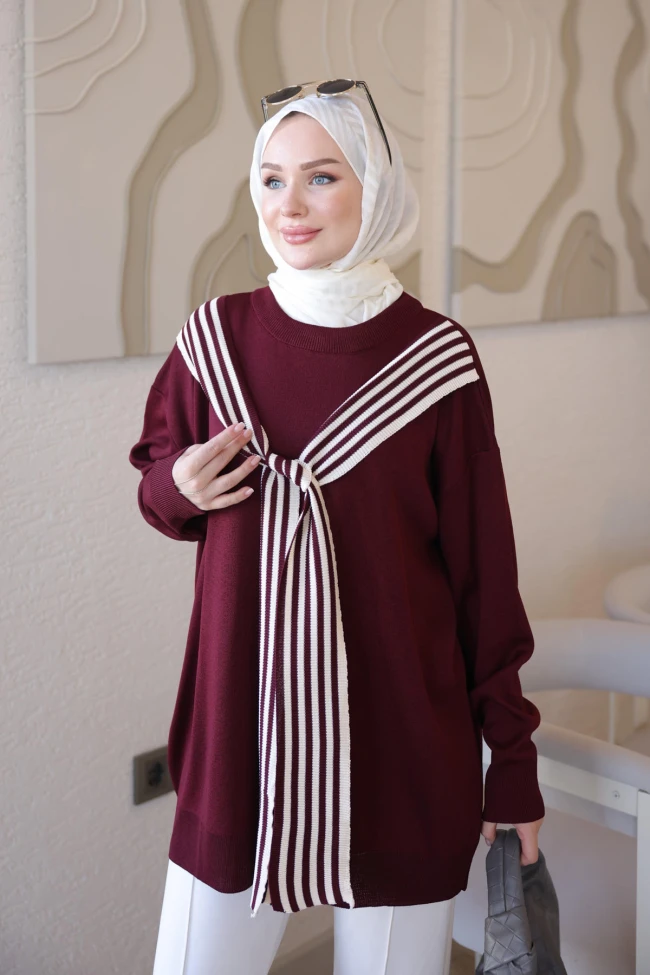 Bordo Atkı Detaylı Salaş Triko Tunik