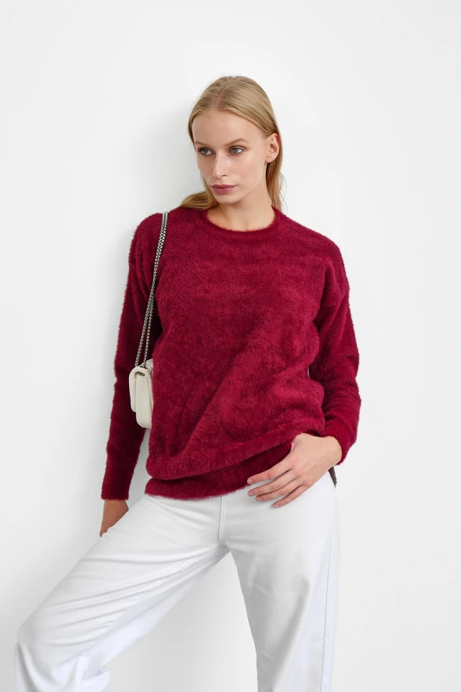 Bordo Bisiklet Yaka Angora Yumoş Triko Kazak