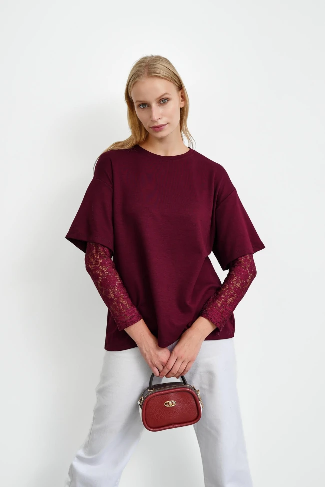 Bordo Bisiklet Yaka Kol Dantelli Bluz