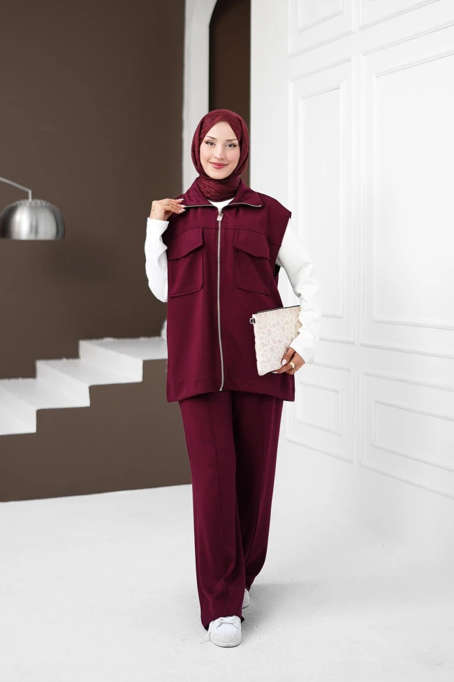 Bordo Ekru Fermuarlı Yelek Pantolonlu Modal Takım