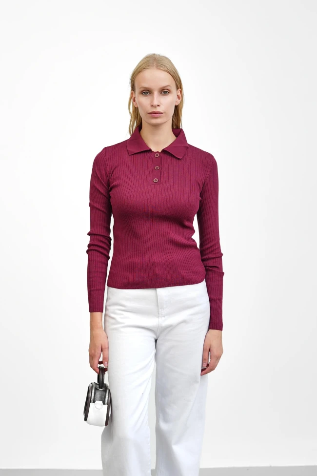 Bordo Fitilli Polo Yaka Triko Body
