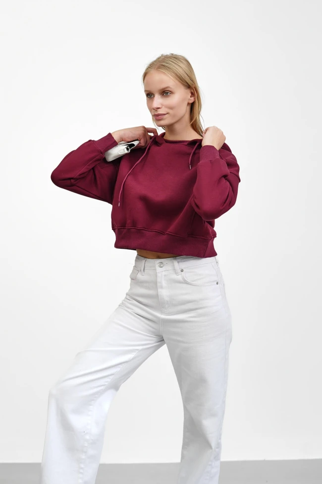 Bordo Kapşonlu İçi Şardonlu Üç İplik Sweatshirt