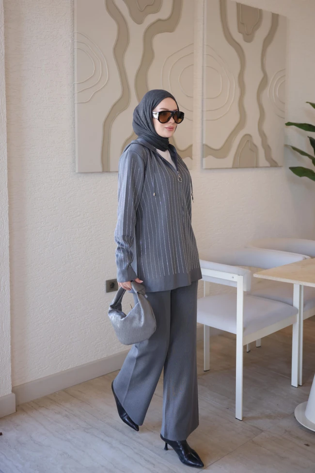 Füme Kapüşonlu Tunik Pantolonlu Taşlı Triko Takım