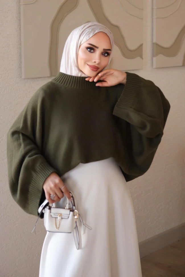 Haki Yarasa Kol Oversize Triko Kazak