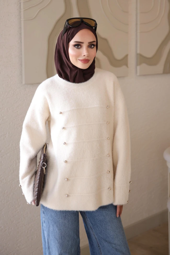 Krem Düğme Detaylı Angora Triko Kazak