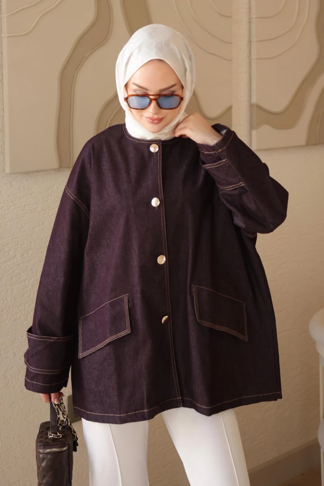 Mürdüm Cepli Düğmeli Oversize Ceket