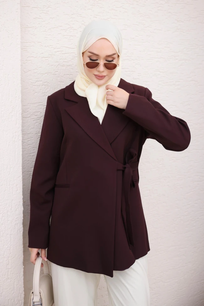 Mürdüm Kruvaze Yaka Yan Bağlamalı Blazer Ceket