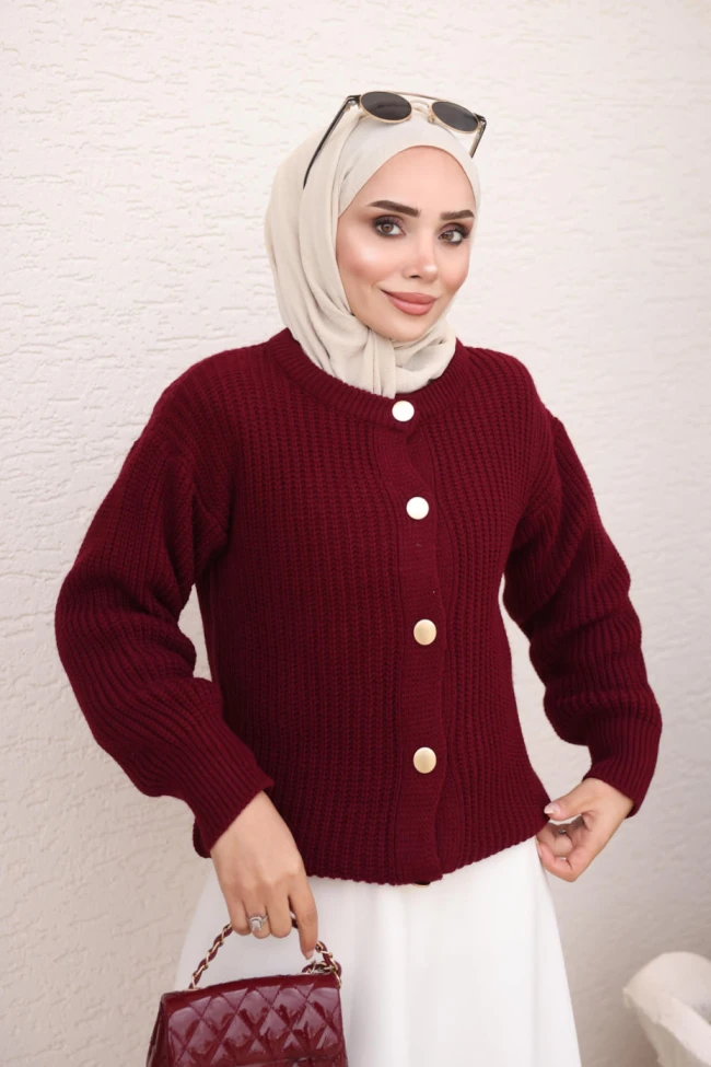 Bordo Selanik Örgü Düğmeli Triko Hırka
