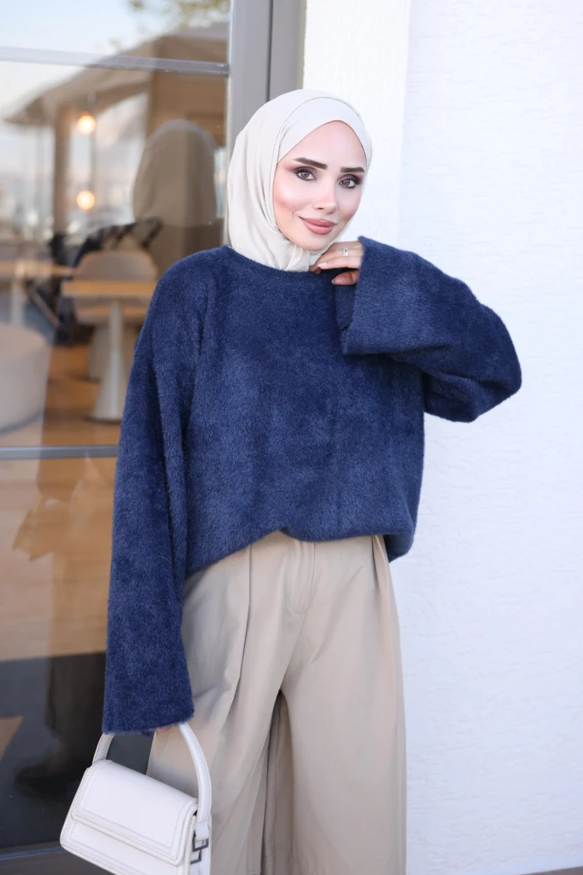Lacivert Bisiklet Yaka Oversize Angora Yumoş Triko Kazak
