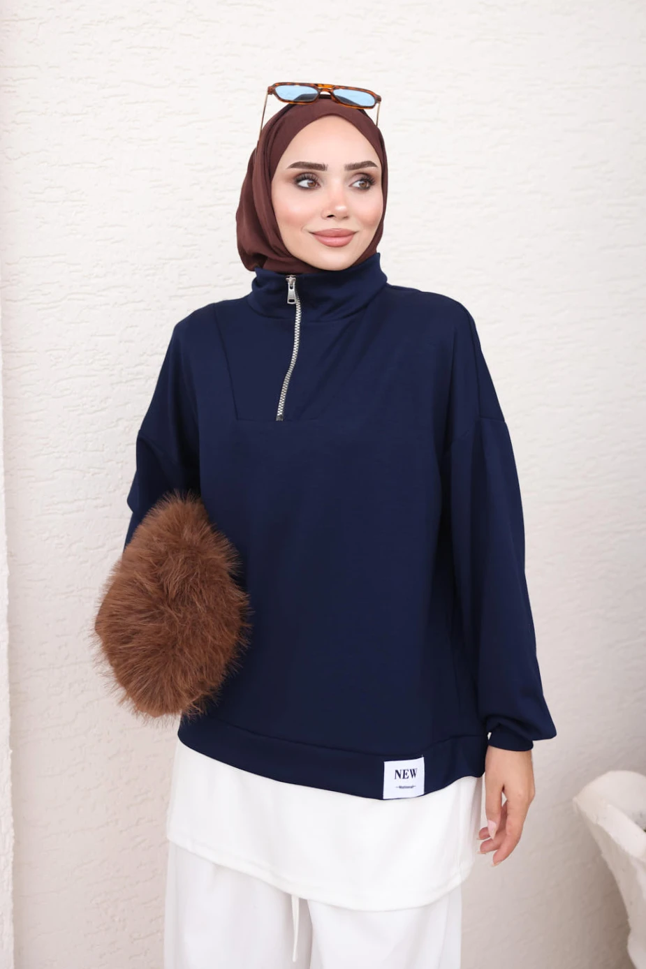 Lacivert Yaka Fermuarlı Modal Sweat Tunik