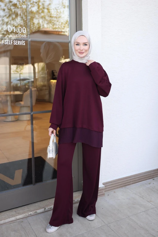Mürdüm Eteği Piliseli Tunik Pantolonlu Takım