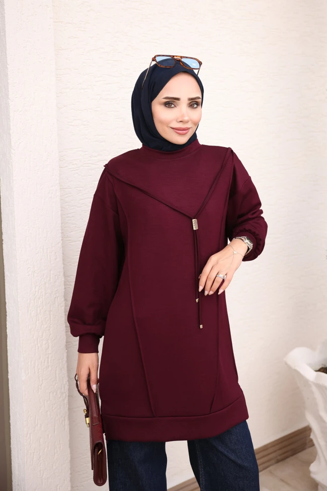 Mürdüm Önü Çımalı Kol Lastikli Tunik