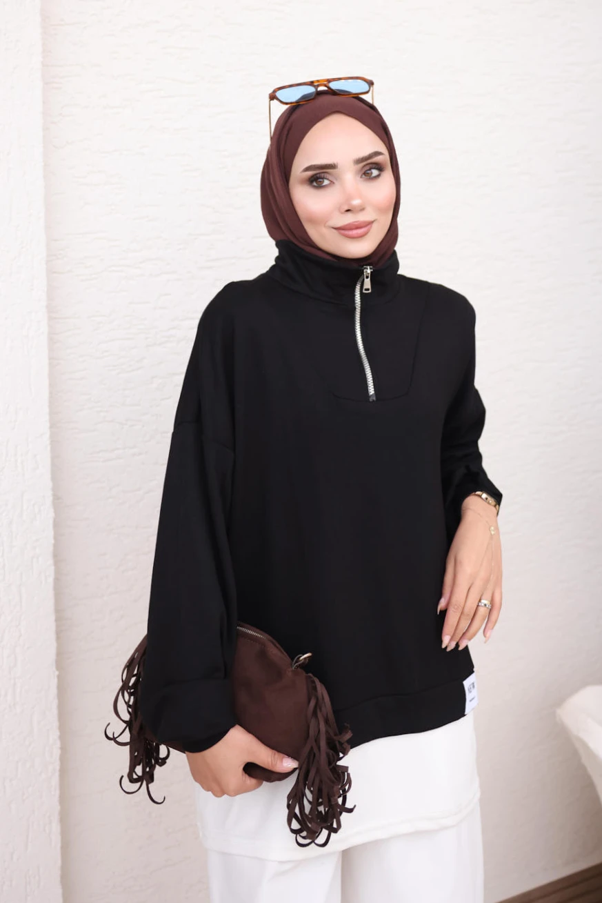 Siyah Yaka Fermuarlı Modal Sweat Tunik