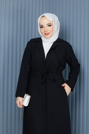 Siyah Gömlek Yaka Bel Büzgülü Cepli Kap