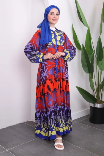 Kırmızı Yarım Düğmeli Eteği Katlı Viskon Elbise