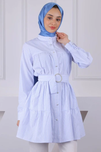 Beyaz Mavi Hakim Yaka Çizgili Poplin Tunik