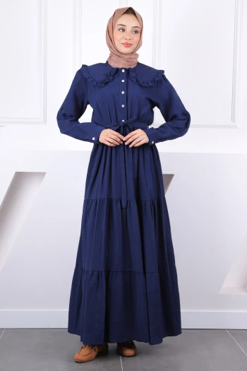 Lacivert Bebe Yaka Kuşaklı Gofralı Elbise