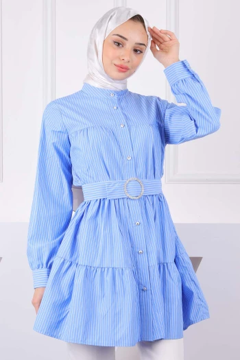 Mavi Hakim Yaka Çizgili Poplin Tunik
