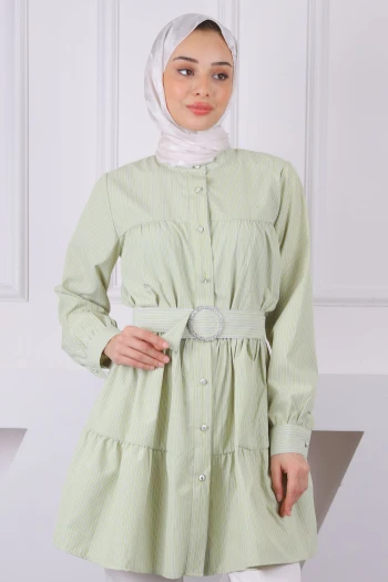 Mint Yeşili Hakim Yaka Çizgili Poplin Tunik