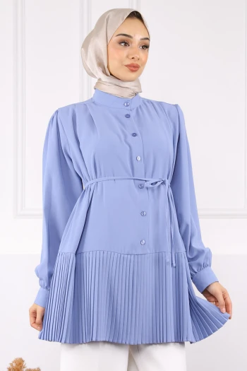 Açık Mavi Eteği Piliseli Bel Kuşaklı Tunik