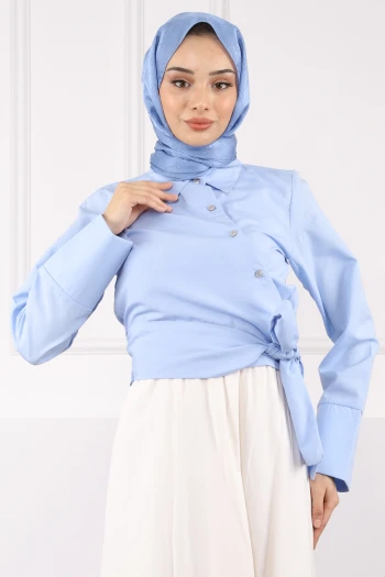 Bebe Mavi Bel Bağlamalı Crop Gömlek