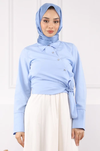 Bebe Mavi Bel Bağlamalı Crop Gömlek
