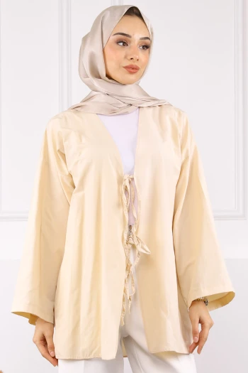 Bej Ön Bağlamalı Kimono